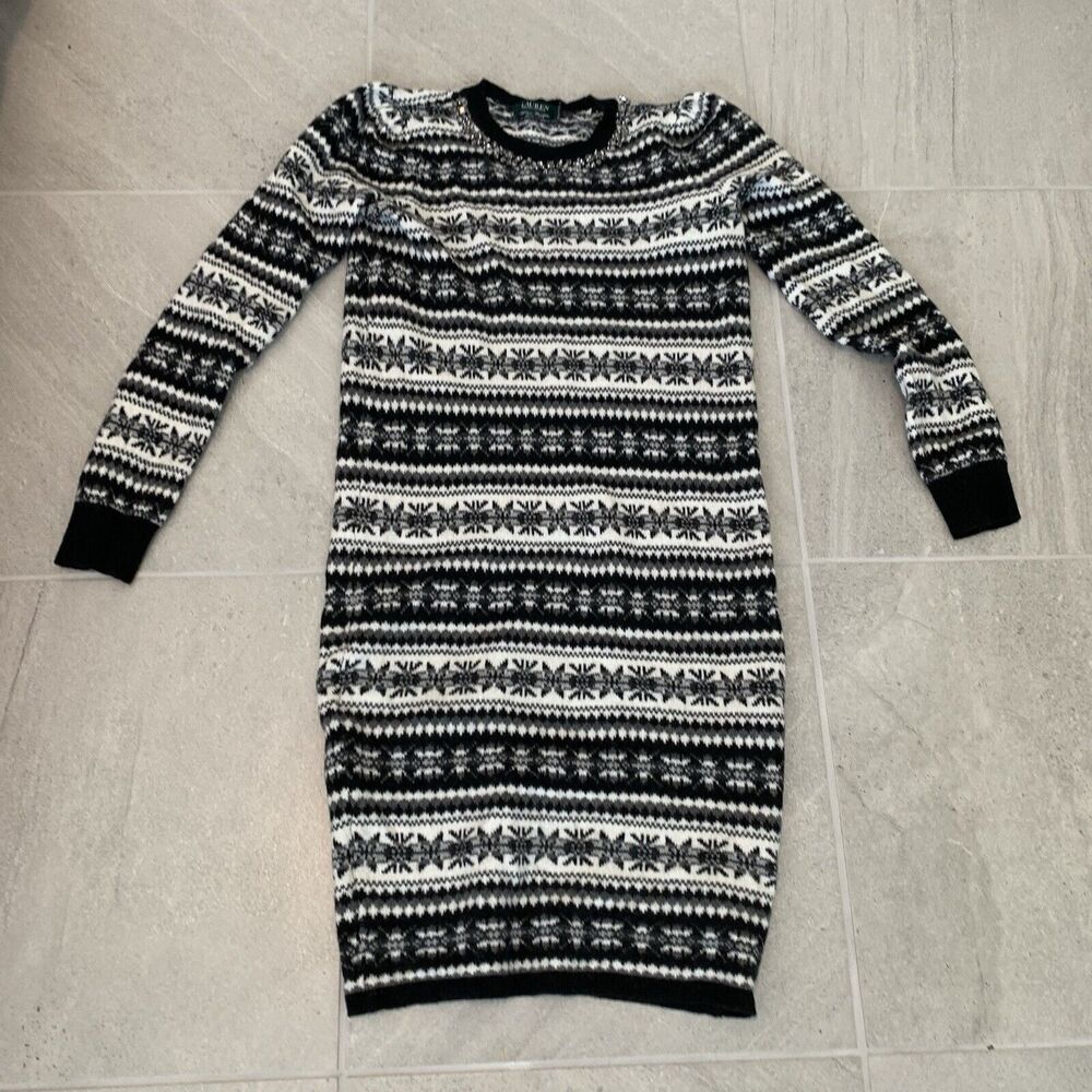 LAUREN RALPH LAUREN BLACK WHITE WOOL EMBELLISHED NECK SWEATER DRESS SIZE L